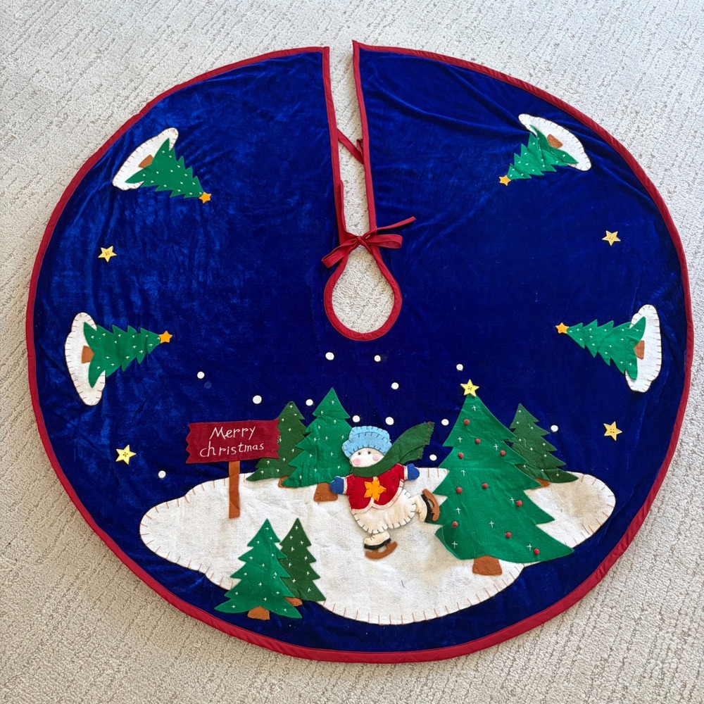 Snowman Skating 3D Felt Applique Blue Velvet Christmas Tree Skirt 43" Holiday